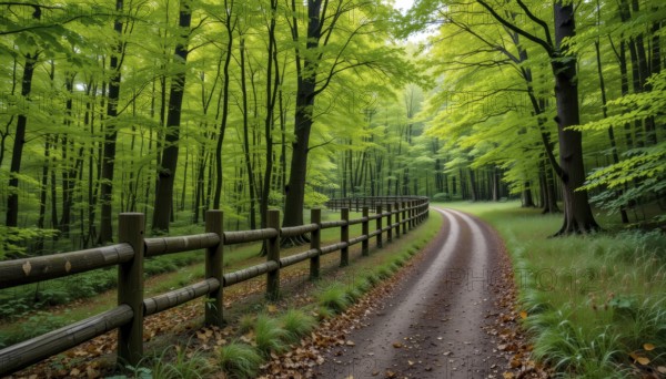 A winding dirt road meanders through a vibrant green forest, framed by a rustic wooden fence and lush foliage, creating a serene and inviting scene, AI generated