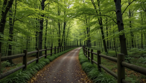 A dirt road winds through a lush, green forest, lined with a wooden fence, inviting exploration of the serene landscape, AI generated