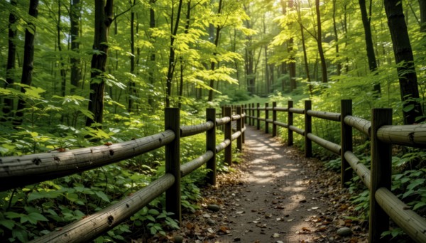 A serene forest path winds through lush greenery, framed by a wooden fence, with sunlight filtering through the trees, AI generated