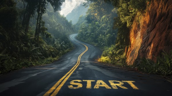 A winding road with 'start' painted on it leads through a lush forest, symbolizing new beginnings and journeys, AI generated