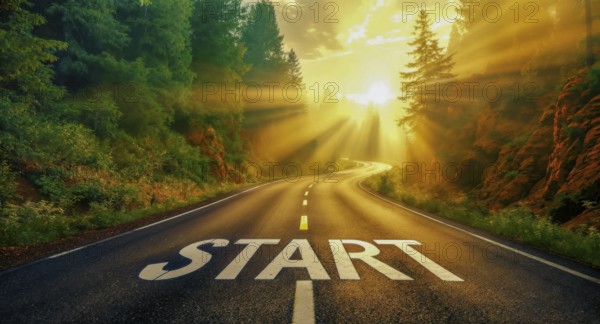 An open road with the word 'start' painted on it, illuminated by sunlight and surrounded by green trees and a bright sky, AI generated