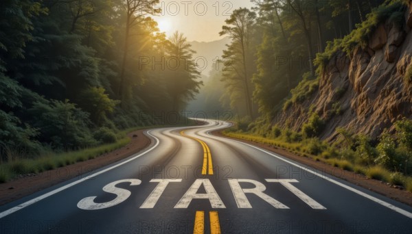 A winding road through a lush forest leads to the word start, perfect for motivational or beginning concepts, AI generated