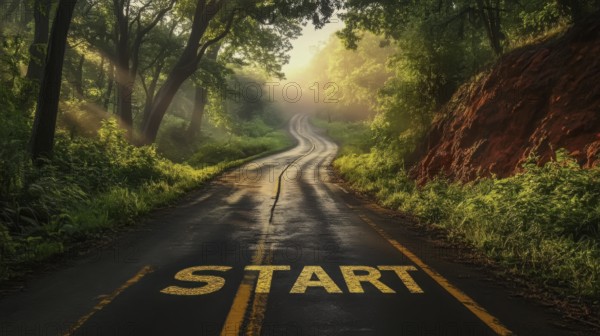 A winding road through a lush forest, bathed in sunlight, with the word START painted on the asphalt, evoking a sense of new beginnings, AI generated