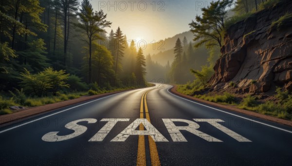 A winding road through a lush forest at sunrise, the word 'START' painted on the pavement, symbolizing new beginnings and journeys, AI generated