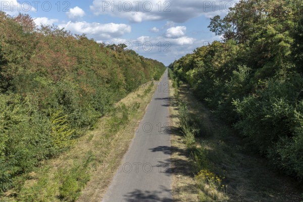 Cycle path on the former railway line of the Hambach open-cast mine, Elsdorf, North Rhine-Westphalia, Germany