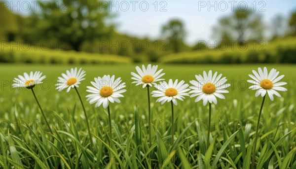 A beautiful shot of several daisies in a field of green grass, set against a backdrop of a soft, blurred green and blue sky, AI generated