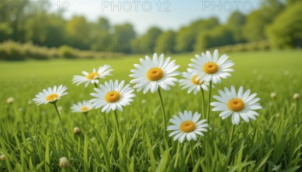 A vibrant field of daisies basks in the sunlight, creating a beautiful and serene scene of nature in full bloom, AI generated
