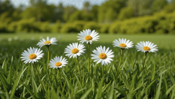 Close-up shot of daisies in a field of green grass with trees in the background, capturing the essence of spring, AI generated