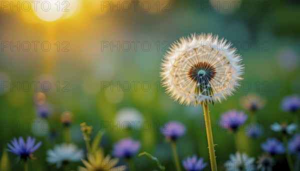 Close-up of a dandelion seed head in a meadow, illuminated by the warm glow of the setting sun, creating a dreamy and inviting atmosphere, AI generated