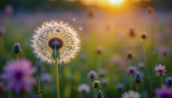 A close-up of a dandelion clock in a field of wildflowers, bathed in golden sunset light, symbolizing hope and wishes, AI generated