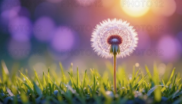 A close-up of a dandelion in a field with a blurred background, showcasing sunlight and nature's beauty, AI generated