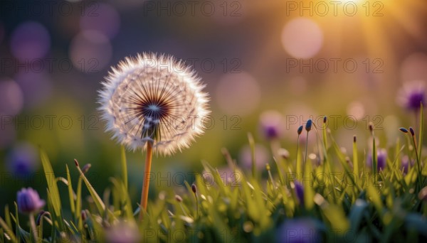 A close-up shot of a dandelion seed head glowing in the sunlight, with soft focus on the background, AI generated