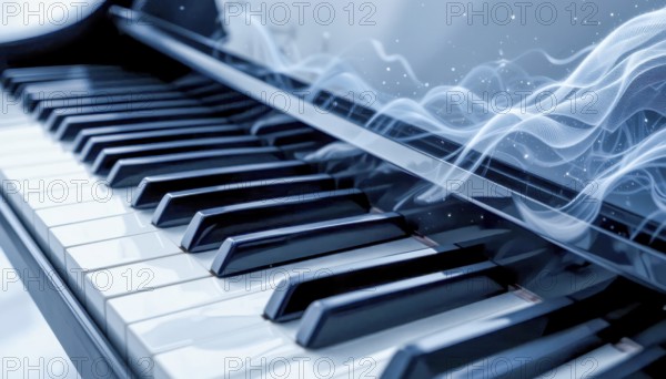 A close-up of a piano keyboard with ethereal, glowing energy, creating a sense of musical flow and creativity, AI generated