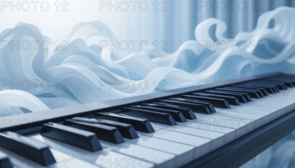 A close-up shot of a piano keyboard with flowing, ethereal blue fabric in the background. The artwork is a beautiful blend of music and visual art, AI generated