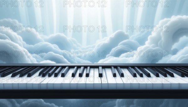 A piano keyboard floats amidst a dreamy cloudscape, evoking a sense of music and serenity, AI generated