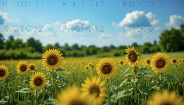 A vibrant field of sunflowers basks in the summer sun, with a clear blue sky dotted with fluffy white clouds, AI generated