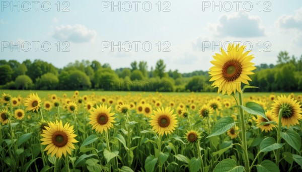A vibrant field of sunflowers basks in the sun, their yellow faces turned towards the light. Lush green trees and a bright blue sky complete this summer scene, AI generated