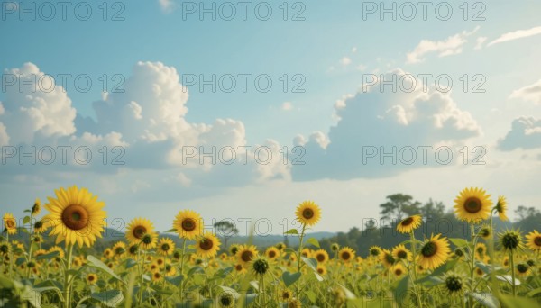 A vibrant field of sunflowers basks in the sunlight, with fluffy clouds dotting a clear blue sky, creating a picturesque summer scene, AI generated