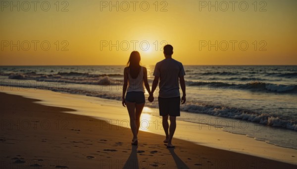 A romantic couple walks hand-in-hand along a sandy beach as the sun sets, creating a beautiful silhouette and warm, golden tones, AI generated