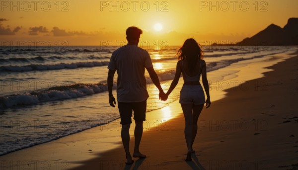 A romantic couple walks hand-in-hand along the beach during a beautiful sunset, silhouetted against the vibrant orange sky, AI generated