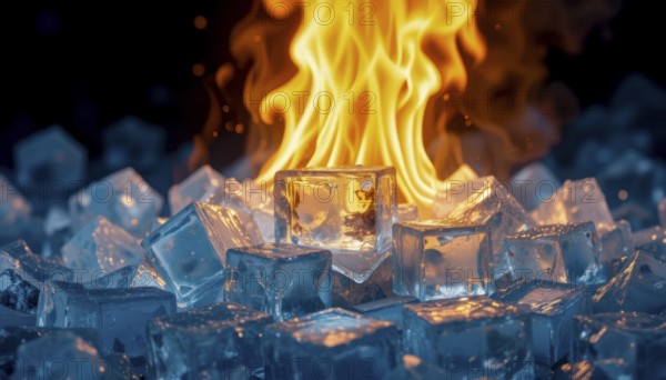 A striking visual contrast of fire and ice. Flames dance above ice cubes, creating a compelling metaphor of opposing forces, AI generated