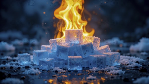A mesmerizing juxtaposition of fire and ice. Glowing flames erupt from a pile of ice cubes, creating a surreal, dramatic scene, AI generated