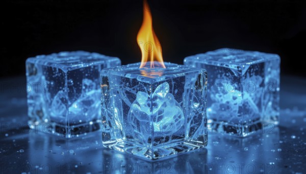 A striking image of ice cubes, one with a flame, creating a captivating contrast of fire and ice against a dark backdrop, AI generated