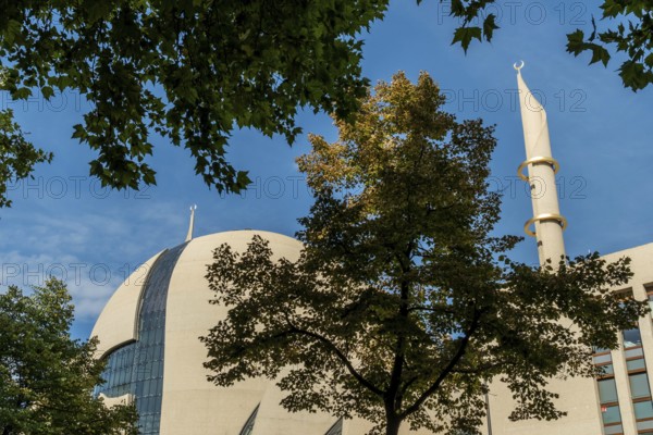 Mosque Cologne with minaret and trees