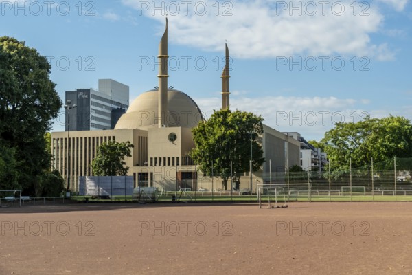 Mosque Cologne with football pitch in front, Cologne, North Rhine-Westphalia, Germany