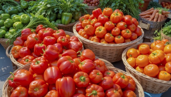 A vibrant display of fresh produce at a farmers market, showcasing colorful tomatoes, bell peppers, and other vegetables, AI generated