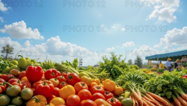 A vibrant farmers market scene with fresh produce under a bright blue sky filled with fluffy clouds, showcasing a colorful array of vegetables, AI generated