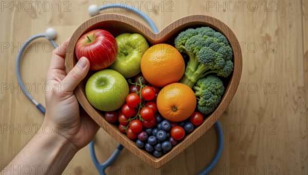 A hand holds a wooden heart-shaped bowl filled with healthy fruits and vegetables, promoting a balanced diet for well-being, AI generated