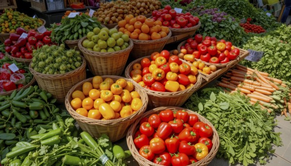 A colorful market stall overflows with fresh produce, including various types of tomatoes, peppers, and other seasonal vegetables, AI generated