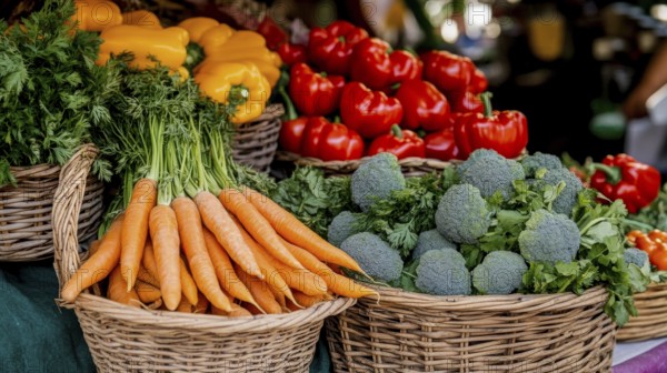 Fresh vegetables, including carrots, peppers, and broccoli, displayed in woven baskets, create a colorful market scene, AI generated