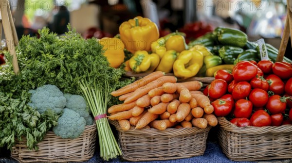 A vibrant display of fresh vegetables at a farmers market, showcasing colorful produce, AI generated