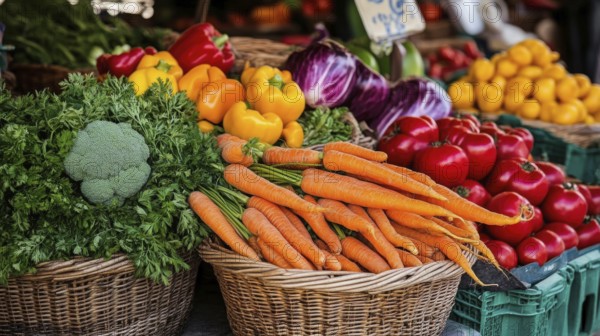 Fresh vegetables on display at a bustling farmers market, showcasing vibrant colors and healthy food, AI generated