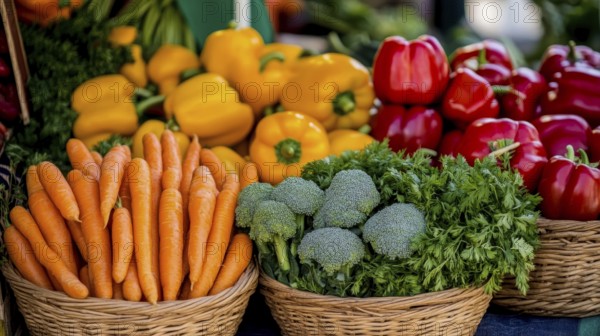 A vibrant display of fresh produce, including carrots, peppers, broccoli, and herbs, artfully arranged in woven baskets, AI generated