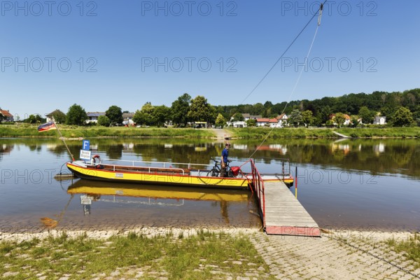 Cyclist on yaw rope ferry, passenger ferry on the Weser, from Herstelle to Würgassen, Beverungen, cycle tour in Weserbergland, North Rhine-Westphalia, Germany