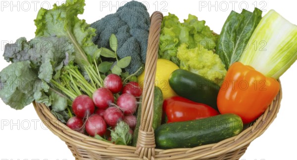 A wicker basket overflowing with a colorful array of fresh vegetables, including radishes, lettuce, cucumbers, and bell peppers, AI generated
