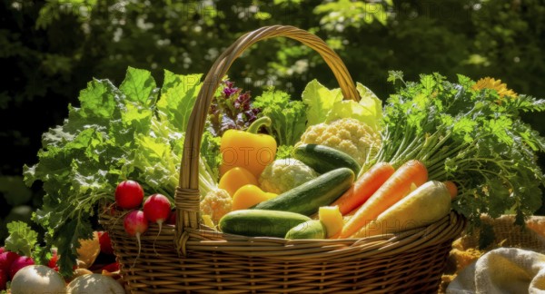 A wicker basket overflowing with an assortment of fresh, colorful vegetables, perfect for a healthy meal, AI generated