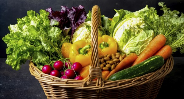 A vibrant basket overflowing with a variety of fresh, colorful vegetables, perfect for a healthy meal, AI generated