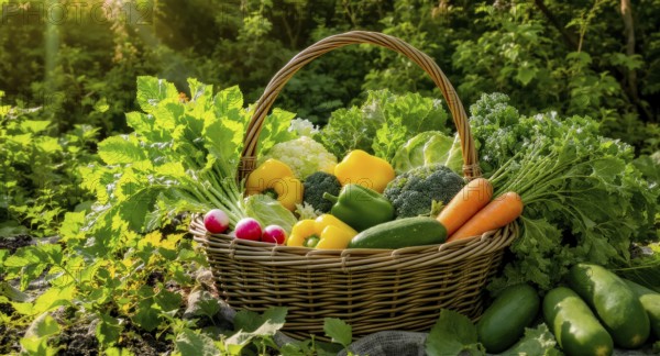 A rustic basket overflowing with fresh, colorful vegetables, showcasing the bounty of a garden on a sunny day, AI generated