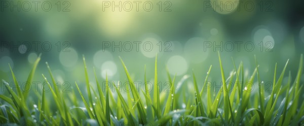 Close-up of fresh green grass with water droplets, set against a blurred background of soft bokeh lights and natural sunlight, AI generated