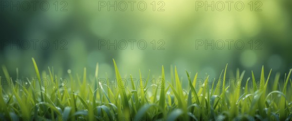 Close-up shot of vibrant green grass with a blurred bokeh background, perfect for nature and outdoor themes, AI generated