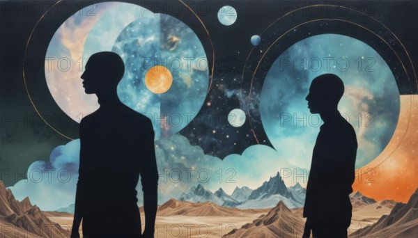 A silhouette of a person gazing toward a vibrant cosmic dreamscape, featuring celestial elements and otherworldly mountains, AI generated