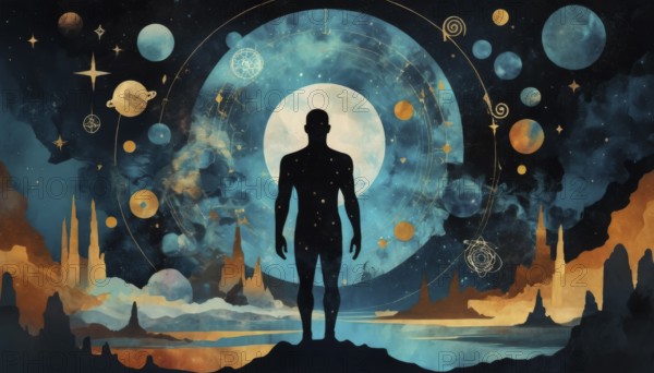 An artistic image of a silhouetted figure standing before a cosmic landscape filled with planets, stars, and celestial designs, AI generated