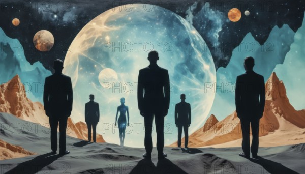 A surreal digital art piece showcasing figures standing before a cosmic landscape with planets and a nebula-like orb in the background, AI generated