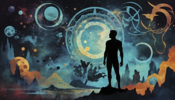 A man stands on a cliff, gazing at a cosmic landscape filled with planets, circles, and swirling colors, AI generated