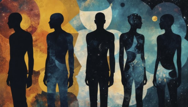 Five figures silhouetted against a backdrop of abstract celestial patterns. The artwork blends human form with cosmic elements in a striking composition, AI generated