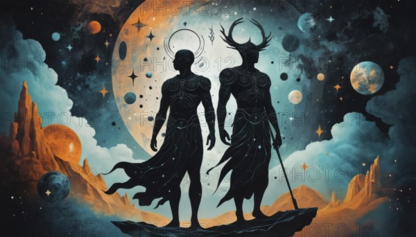 An ethereal artwork depicts two celestial figures in a cosmic landscape with planets, stars, and a dreamy atmosphere, AI generated
